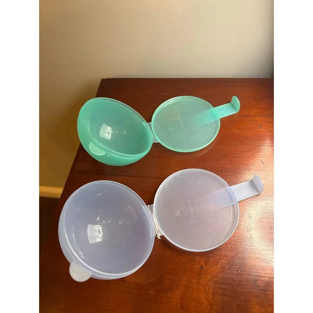 Tupperware Forget Me not Oniion Holder Blue Green Set of 2 Fruit Vintage Lot